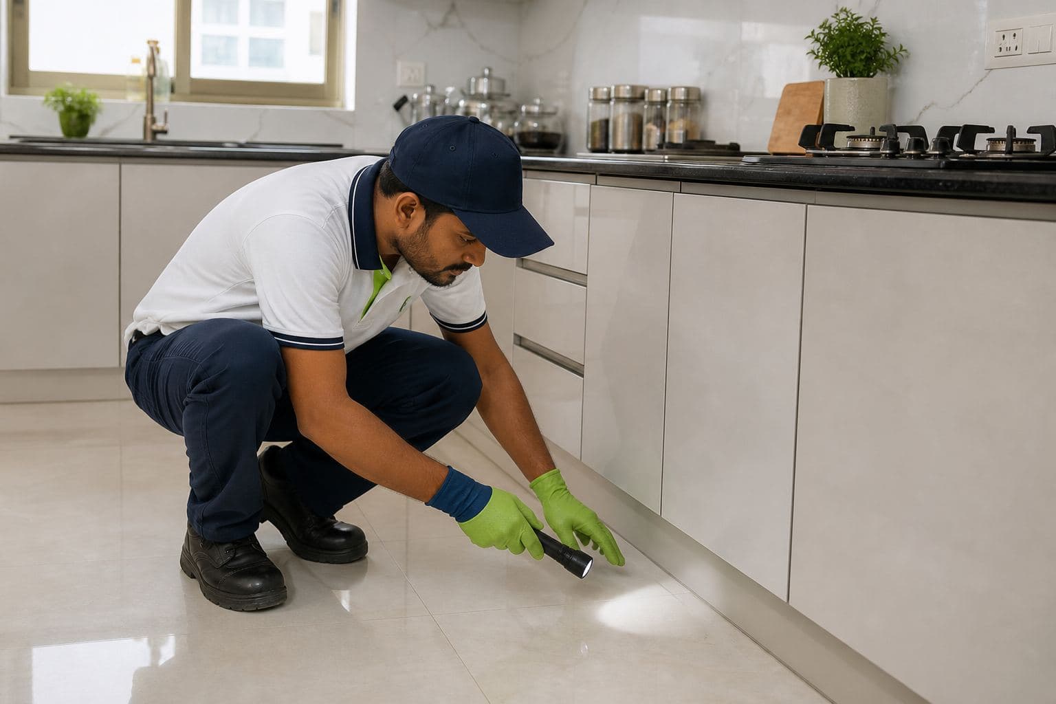 Moksha technician inspecting a home kitchen